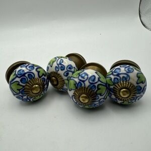 Vintage Painted Porcelain And Brass Door Drawer Cabinet Knobs Pulls Hardware